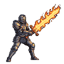 Knight in segmented armor wielding a flaming sword.