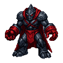 A dark obsidian golem with glowing red eyes, a red cloak, red gauntlets, and a red sash.