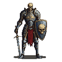 Skeleton knight in detailed armor, holding a sword and a skull-emblazoned shield, with a tattered red cloth.