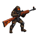 Magma sniper in earth-toned armor with glowing orange, molten patterns on weapon and helmet, in a low ready stance.