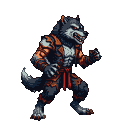 A muscular werewolf with glowing red eyes and bared teeth, wearing tattered orange and red clothing, stands in a predatory side-view stance.