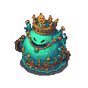 Regal teal slime creature wearing a golden crown and metallic embellishments, with a wide grin.