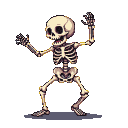 A dancing skeleton with jaw agape and arms flung wide against a black background.