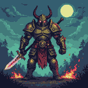 A warrior in tattered red cloth and horned helmet, with glowing red eyes, grips a radiant, demonically imbued sword. He stands defiantly in a smoldering landscape under a pale moon, embers flickering at his feet.