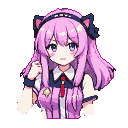 Anime girl with pink hair, purple eyes, cat ears, and a pink uniform with a green emblem, holding her hand near her cheek.