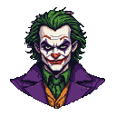 Menacing figure with white face paint, dark purple eye accents, a wide red grin, and a bright red nose. Wild green hair frames sharp features. Wears a green shirt and tie, a purple coat, and an orange vest.