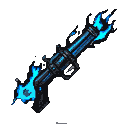 A menacing, futuristic gatling gun with dark metallic tones, emitting vibrant electric blue flames from its muzzle and rear.