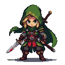 A rogue in a green hooded cloak, leather and chainmail armor with red accents, holding two red-stained daggers and with a sword on their back.