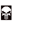 A pixelated white skull with hollow eye sockets and vertical teeth lines on a black background.