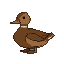 Stylized brown duck decoy facing left, with a lighter brown neck band and a dark pixel eye, against a black background.