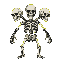 Three-headed skeletal figure emerging from darkness.