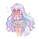 A shy character with long pastel hair, starry eyes, and a fluffy white tail blushes heavily, looking down with an embarrassed expression.