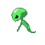 Slender, luminous green alien with large, dark eyes, in a tentative stride.