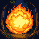 A colossal fire elemental, a roiling cloud of intense yellow, orange, and red flames, surges forward from a dark, silhouetted forest.