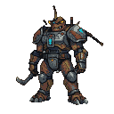 A bipedal creature with scaly brown skin and segmented metallic armor, featuring a prominent forehead horn, glowing amber eyes, and holding a curved blade.