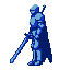 A solitary blue knight in segmented armor stands in profile, holding a sword pointed downwards. A dark cape flows from their shoulders.