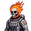 Spectral astronaut with a flaming skull, wearing a spacesuit with an American flag emblem, against a black void.