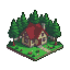 Top-down view of a small eco-house with a red roof, light brown walls, windows, and a chimney, surrounded by green pixelated trees and a patch of brown and green ground with a light path and red accents.
