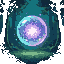 A glowing, mystical orb with a bright white core and lavender and turquoise gradients, surrounded by sparkling particles, set against a dark, pixelated forest background.