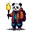Panda in an orange hooded jacket and dark pants holds a brightly burning torch.