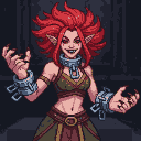 Fierce vampire with wild red hair, pointed ears, and glowing red eyes, grinning menacingly. She wears a tattered earth-toned outfit with heavy metal chains on her wrists and neck, and her sharp fingernails are extended.