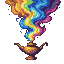 Golden ornate lamp emitting a swirling plume of rainbow-colored psychedelic smoke against a black background.