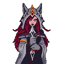 Wolf Priestess with crimson hair, wolf-ear hood, and golden crown, clasping hands somberly.