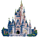 A fairytale castle with multiple spires, blue rooftops, rosy stone walls, and a large arched entryway, framed by green foliage.