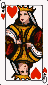 Regal queen in a playing card pose, wearing a dark gown with gold and red trim, a golden crown, and with a heart symbol.