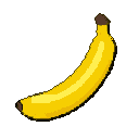 A pixelated yellow banana with a brown stem tip against a black background.