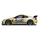 Yellow and white race car with "R/T 2" decal and rear spoiler, side view.