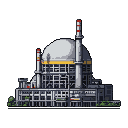 A colossal nuclear power plant with a white rounded containment dome, grey and silver pipes, scaffolding, industrial buildings, and red and white striped smokestacks. A yellow band encircles the dome's base.