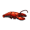 A red and orange pixelated lobster with curved antennae and dark eyes rests in a low pose on a dark background.