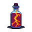 Crimson liquid shaped like a lightning bolt crackles with electric energy inside a blue and purple glass vial with a dark stopper.