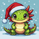A bright green axolotl wearing a Santa hat sits in the snow, looking forward with a contented smile.