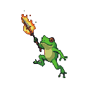 A green frog mid-leap, wielding a flaming sword, with glowing red eyes.