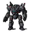 A dark grey, heavily armored mech with crimson streaks, featuring glowing cyan optical sensors.