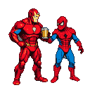 Iron Man and Spider-Man share a drink, both in their iconic suits.