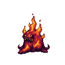 A menacing, amorphous creature of flickering flames and molten rock, with bared pixelated teeth and glowing yellow eyes.