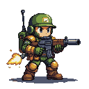 Soldier in green uniform and helmet, with gold armor accents, firing a rifle with flames erupting from the barrel.