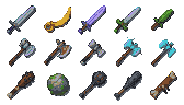 A collection of pixelated swords, axes, and clubs against a black background, featuring varied designs and colors.