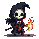 Chibi Grim Reaper with wide eyes, wearing tattered robes and a crimson sash, clutching a scythe with a blade of pixelated yellow and orange flames.