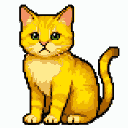 A pixelated ginger tabby cat with bright green eyes sits looking forward, its tail curled behind it.
