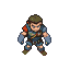 A pixel art warrior with a determined expression, wearing a tattered blue tunic, brown trousers, and a green cap. Red accents are visible on their shoulder.