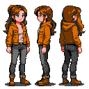 Young woman with long brown hair, wearing a burnt-orange hooded jacket open to show midriff, dark grey cuffed jeans, and brown boots. Shown in front, side, and back views.