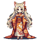 Young girl with cat ears, light hair, and an ornate orange and white floral kimono.