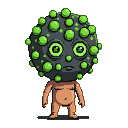 A humanoid figure with a large, dark gray spherical head covered in radioactive green spheres. It has wide, luminous green eyes and a small mouth. Its body is small with stubby limbs and a tan torso.
