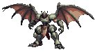 A dark, armored mech dragon lord with tattered crimson cape and large, leathery red and brown wings stands ready for battle.