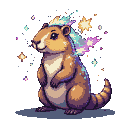 A brown capybara with iridescent fur, a pastel pixelated mane, and sparkling motes against a dark background.