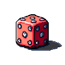 A single red six-sided die with light blue-grey pips and a subtle shadow.